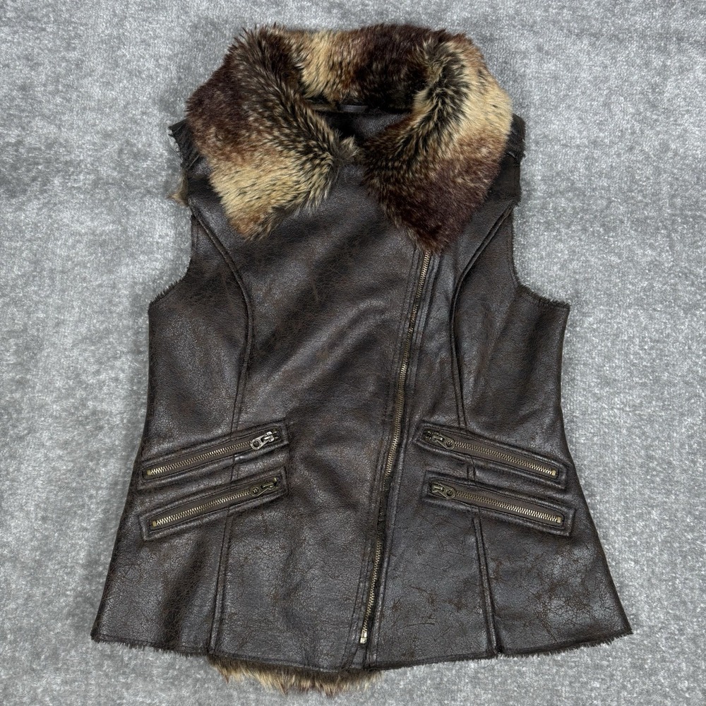 Members Only Vest Women's Large Brown Natalie Moto Faux Fur Full Zip - Picture 3 of 10